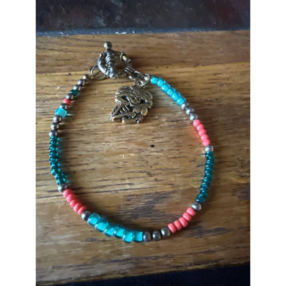 Beaded Skeleton Charm Bracelet Turquoise Coral Boho Toggle Clasp Day of the Dead